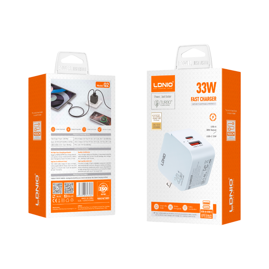 CARGADOR LDNIO Q2 33W 2P PD + USB + cab TC-TC WHITE