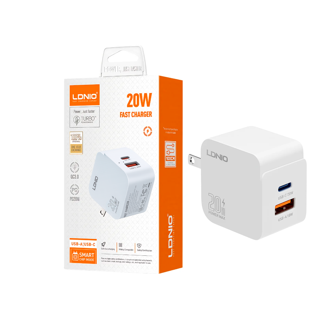 CARGADOR LDNIO Q1 20W 2P PD + USB + cab USB-TC WHITE